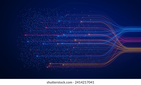 AI neural network analyzing big data. Machine learning and deep learning technology for artificial intelligence. Neurons connected to dataset. Data science, business analytics, automation illustration