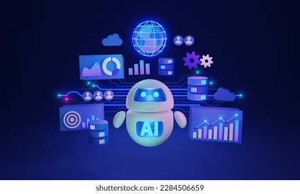 AI powered data analytics and automated info research 3D illustration concept. Artificial intelligence as effective analytic tool for database charts, diagrams and schemes. Digital. 3D Illustration