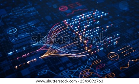 AI powers big data analysis and automation workflows, showcasing neural networks and data streams for business. Artificial intelligence, machine learning, digital transformation and tech innovation.
