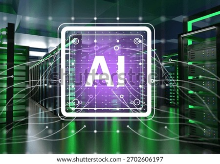 AI processor icon over high-tech server racks showing data processing, machine learning infrastructure, digital computing power, and modern technology. AI, Data Center, IT. 3d image.