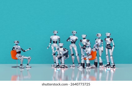 AI reached Artificial general intelligence level. Robots are able to teach another robots. 3d render