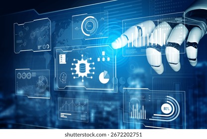 AI reading big data visualization dashboard, analyzing insights, identifying patterns, and generating strategic decisions through automated data interpretation. Vouch