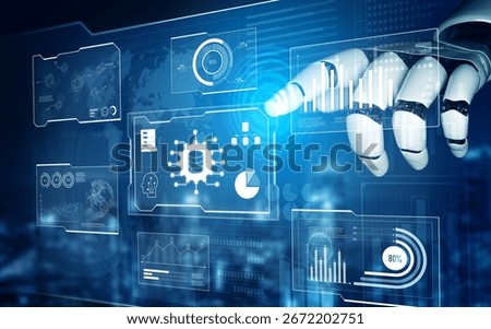 AI reading big data visualization dashboard, analyzing insights, identifying patterns, and generating strategic decisions through automated data interpretation. Vouch