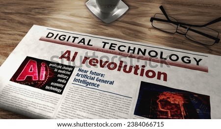 AI revolution artificial intelligence technology innovation daily newspaper on table. Headlines news abstract concept 3d illustration.