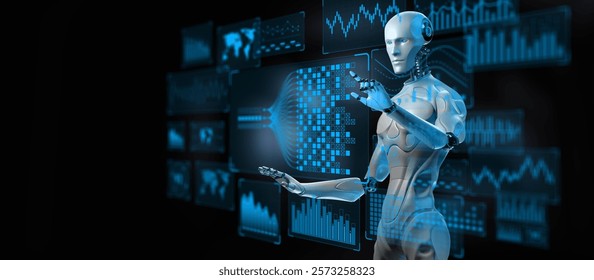 AI Robot with Big Data Analytics Dashboard for Business and Technology Concept. 3d render.