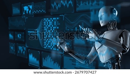 AI Robot with Big Data Analytics Dashboard for Business and Technology Concept. 3d render.