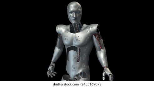 AI Robot Checking Around. Looking Anxious. Alpha Channel. Technology Related 3D Render.