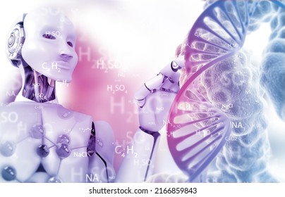 AI  Robot With Dna Strand. Genetic Studies,AI Robotics Lab Assistant. 3d Illustration	