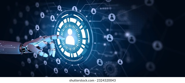 Ai Robot hand touching Virtual screen of Human Resources - HR - Management. HR Recruitment Business with Artificial Intelligence concept. - Powered by Shutterstock