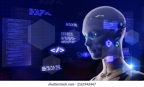 AI Robot Process Automation RPA  Security Cloud Digital Technology. Futuristic Background 3D Robot On Global Online Network Virtual Communication IoT VPN Cybersecurity, Security Platform Programming