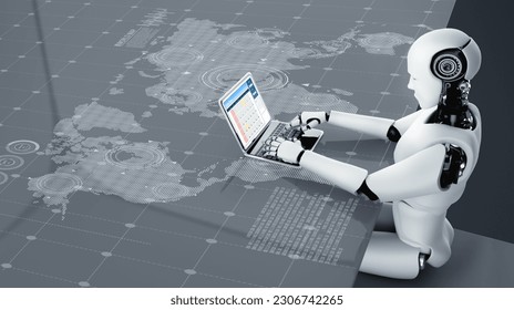 AI robot using computer modish software application. Artificial intelligence concept.