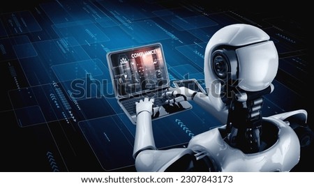 AI robot using computer modish software application. Artificial intelligence concept.
