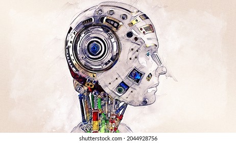 Ai Robot With White Body Illustration Combined Pencil Sketch And Watercolor Sketch Under White Background. 3D Illustration. 3D CG. High Resolution.