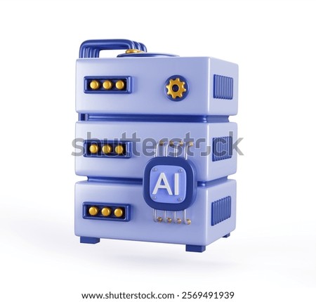 AI server 3d render icon. Artificial intelligence computer processor cpu with chip, technology equipment. GPU graphic processing unit for neural network, machine learning, data center. 3D Illustration