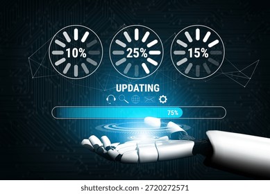 An AI system update and machine learning model training. A progress bar and loading icons showing the AI update percentage and status. Motif
