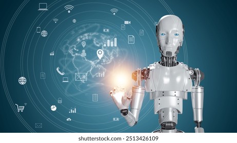 AI Technology Artificial Intelligence, 3D Render Human Robot Concept Using AI tools to create images, write code, connect networks, chatbots, AI assistants. E-learning