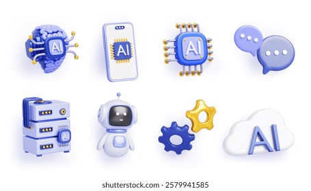 AI technology cartoon 3d render icon set. Artificial intelligence robot bot character, computer server, brain, circuit, cloud, mobile app, chat messages, gear isolated design elements. 3D Illustration