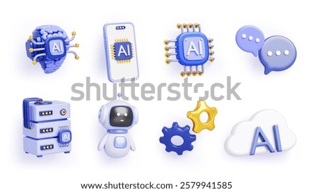 AI technology cartoon 3d render icon set. Artificial intelligence robot bot character, computer server, brain, circuit, cloud, mobile app, chat messages, gear isolated design elements. 3D Illustration