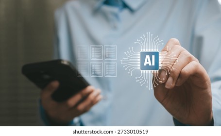 AI technology concept. Hand touching artificial intelligence chip interface, data automation, smart system analysis, digital transformation, innovation future technology.