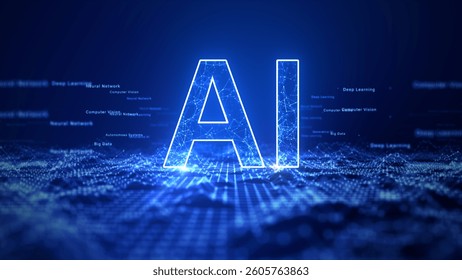 AI text with a digital network background, representing artificial intelligence, machine learning, and big data in a futuristic blue theme. Technology abstract background 3d Rendering