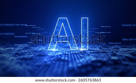 AI text with a digital network background, representing artificial intelligence, machine learning, and big data in a futuristic blue theme. Technology abstract background 3d Rendering