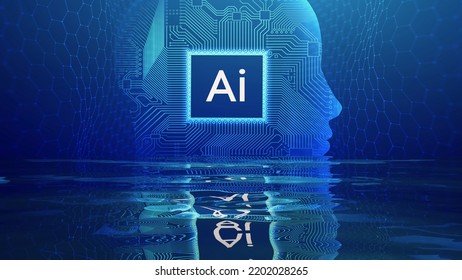 Ai Woman Face With Circuit Reflection In Water. Artificial Intelligence Chatbot. Big Data And Data Science.