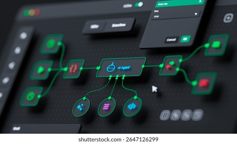 AI workflow automation artificial intelligence software interface nodes triggers data tool dashboard coding icon flow process technology 3d rendering.