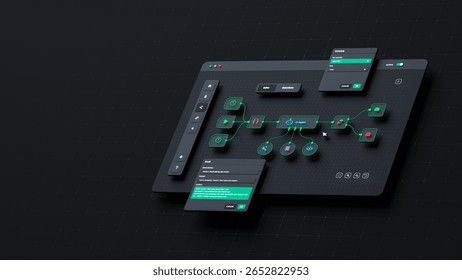 AI workflow automation artificial intelligence software interface nodes triggers data tool dashboard coding icon flow process workflow technology 3d rendering.