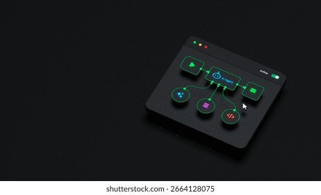 AI workflow automation artificial intelligence software interface nodes triggers data tool dashboard coding icon flow process technology 3d rendering.