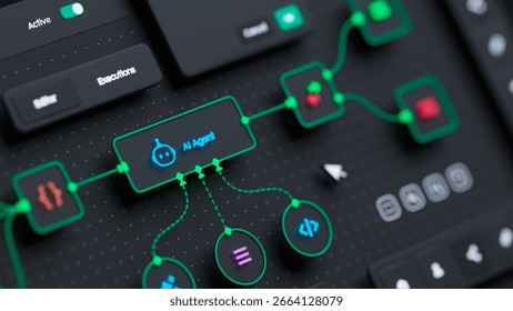 AI workflow automation artificial intelligence software interface nodes triggers data tool dashboard coding icon flow process technology 3d rendering.