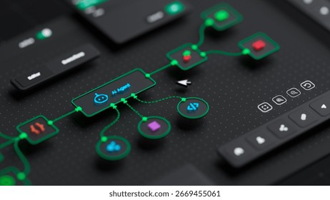 AI workflow automation artificial intelligence software interface nodes triggers data tool dashboard coding icon flow process technology 3d rendering.