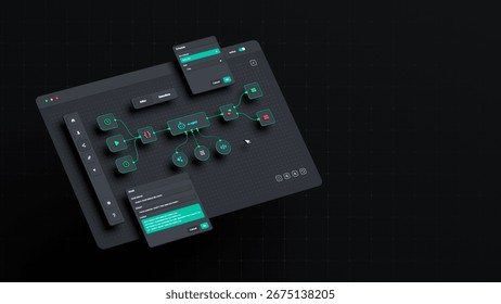 AI workflow automation artificial intelligence software interface nodes triggers data tool dashboard coding icon flow process technology 3d rendering.