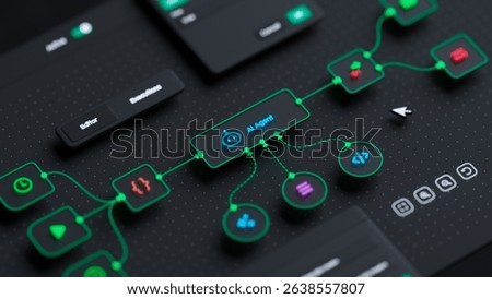 AI workflow automation artificial intelligence software interface nodes triggers data tool dashboard coding icon flow process technology 3d rendering.