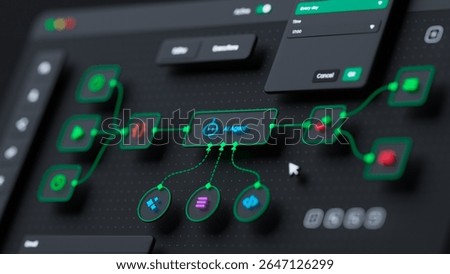 AI workflow automation artificial intelligence software interface nodes triggers data tool dashboard coding icon flow process technology 3d rendering.