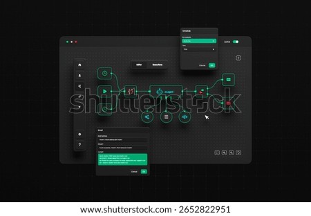 AI workflow automation artificial intelligence software interface nodes triggers data tool dashboard coding icon flow process workflow technology 3d rendering.