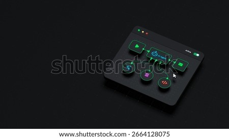 AI workflow automation artificial intelligence software interface nodes triggers data tool dashboard coding icon flow process technology 3d rendering.