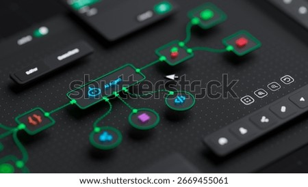 AI workflow automation artificial intelligence software interface nodes triggers data tool dashboard coding icon flow process technology 3d rendering.
