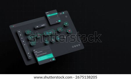 AI workflow automation artificial intelligence software interface nodes triggers data tool dashboard coding icon flow process technology 3d rendering.