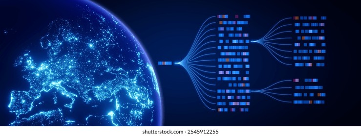 AI-driven data technology in a global network: illustration of big data, analytics, workflow and automation, showcasing a large language model transforming data stream with innovation and precision.