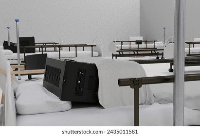 Ailing PCs: Get Them Back on Their Feet! This lighthearted 3D image depicts a computer repair clinic masquerading as a hospital ward. A great visual for tech repair companies or cybersecurity firms pr - Powered by Shutterstock