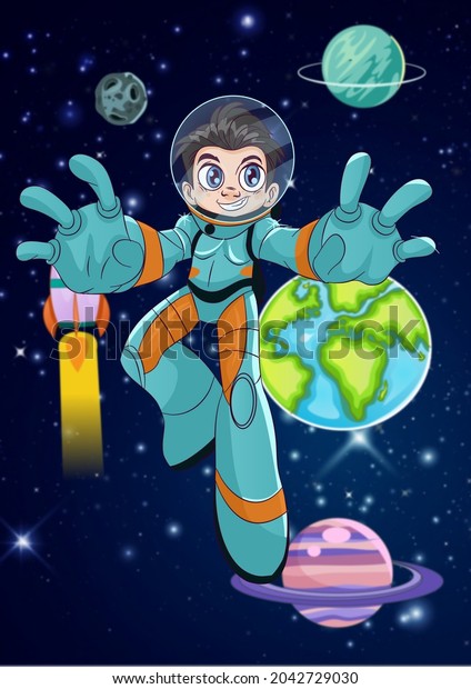 \
aillustration on astronaut, space, planet,\
science, children\'s book science\
magazine