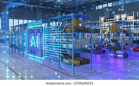 AI-powered smart warehouse with autonomous robots and digital systems optimizing inventory flow, logistics automation, real-time tracking, and industrial efficiency. 3d image - Powered by Shutterstock - Get 15% off with code: PIKWIZARD15