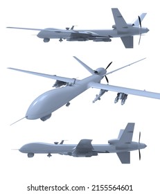 Air Force General Atomics Drone On White Background, Army Aircraft For Intelligence And Attack, Military Combat Drone Predator with Weapons, Military Surveillance, 3d Illustration