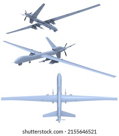 Air Force General Atomics Drone On White Background, Army Aircraft For Intelligence And Attack, Military Combat Drone Predator with Weapons, Military Surveillance, 3d Illustration