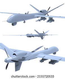 Air Force General Atomics Drone On White Background, Army Aircraft For Intelligence And Attack, Military Combat Drone Predator with Weapons, Military Surveillance, 3d Illustration