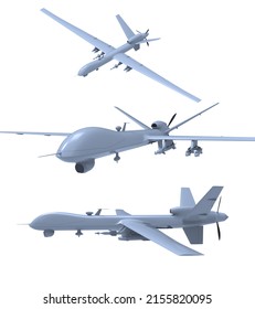 Air Force General Atomics Drone On White Background, Army Aircraft For Intelligence And Attack, Military Combat Drone Predator with Weapons, Military Surveillance, 3d Illustration