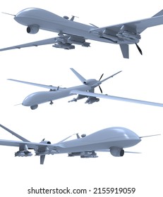 Air Force General Atomics Drone On White Background, Army Aircraft For Intelligence And Attack, Military Combat Drone Predator with Weapons, Military Surveillance, 3d Illustration