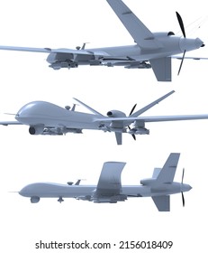 Air Force General Atomics Drone On White Background, Army Aircraft For Intelligence And Attack, Military Combat Drone Predator with Weapons, Military Surveillance, 3d Illustration