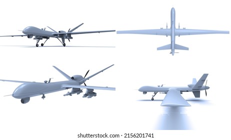 Air Force General Atomics Drone On White Background, Army Aircraft For Intelligence And Attack, Military Combat Drone Predator with Weapons, Military Surveillance, 3d Illustration