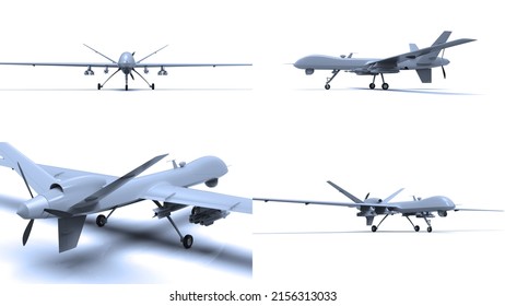 Air Force General Atomics Drone On White Background, Army Aircraft For Intelligence And Attack, Military Combat Drone Predator with Weapons, Military Surveillance, 3d Illustration